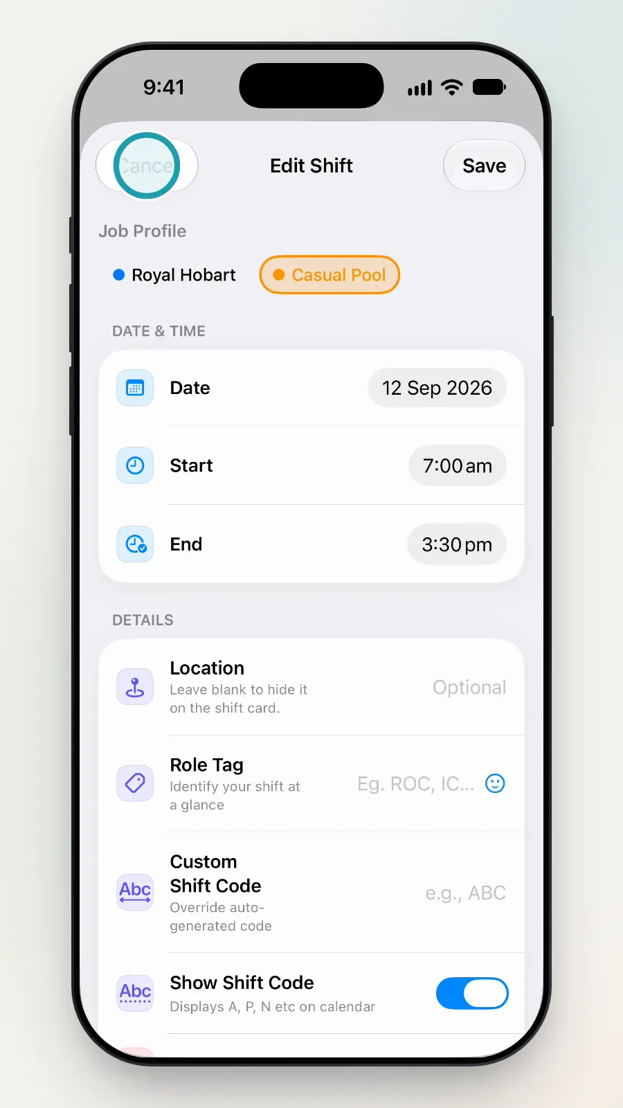 The Cancel button at the top left being tapped.