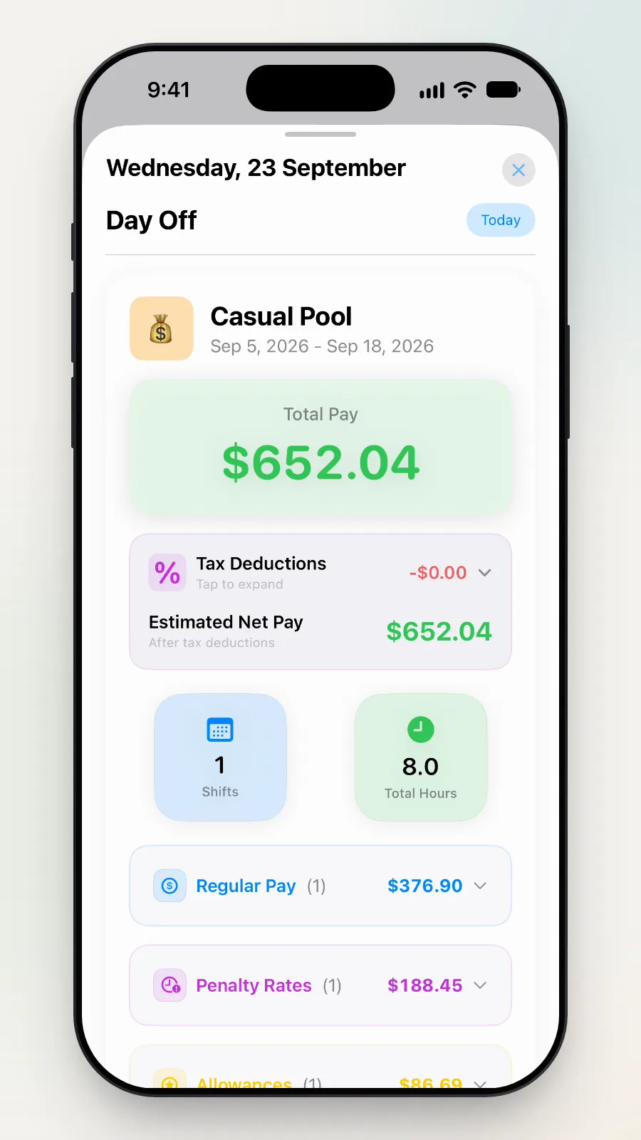 The pay card titled Casual Pool, Sep 5 to Sep 18, 2026, with Total Pay $652.04.