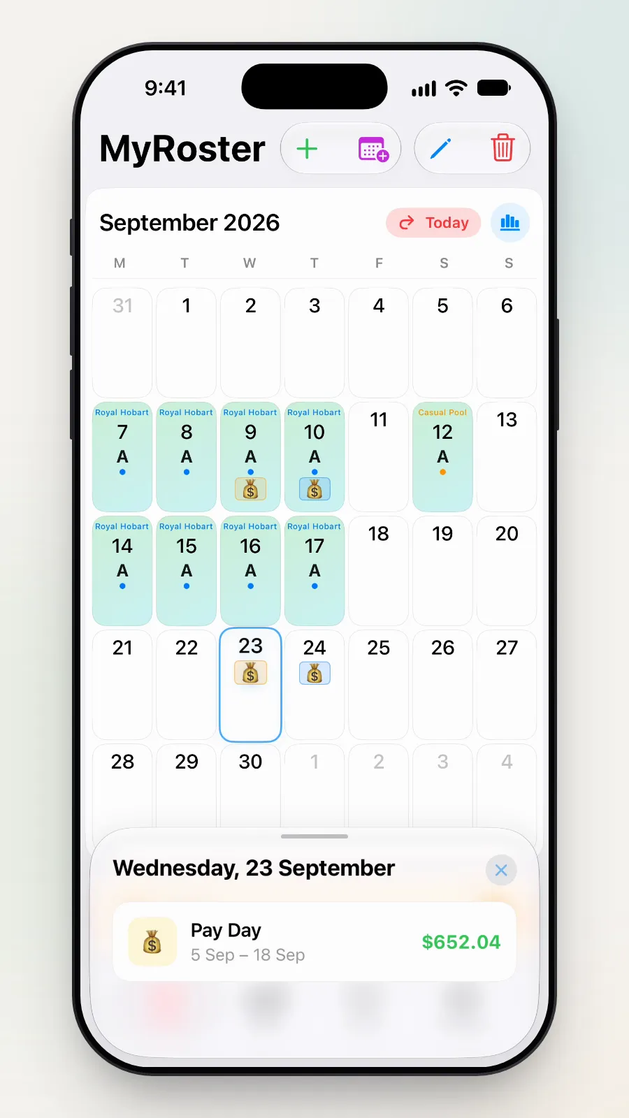 A small box for Wednesday 23 September: Pay Day, 5 Sep to 18 Sep, $652.04.
