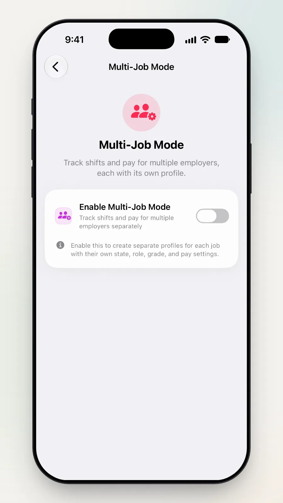 The Multi-Job Mode page with the Enable Multi-Job Mode switch off and a note about separate profiles for each job.