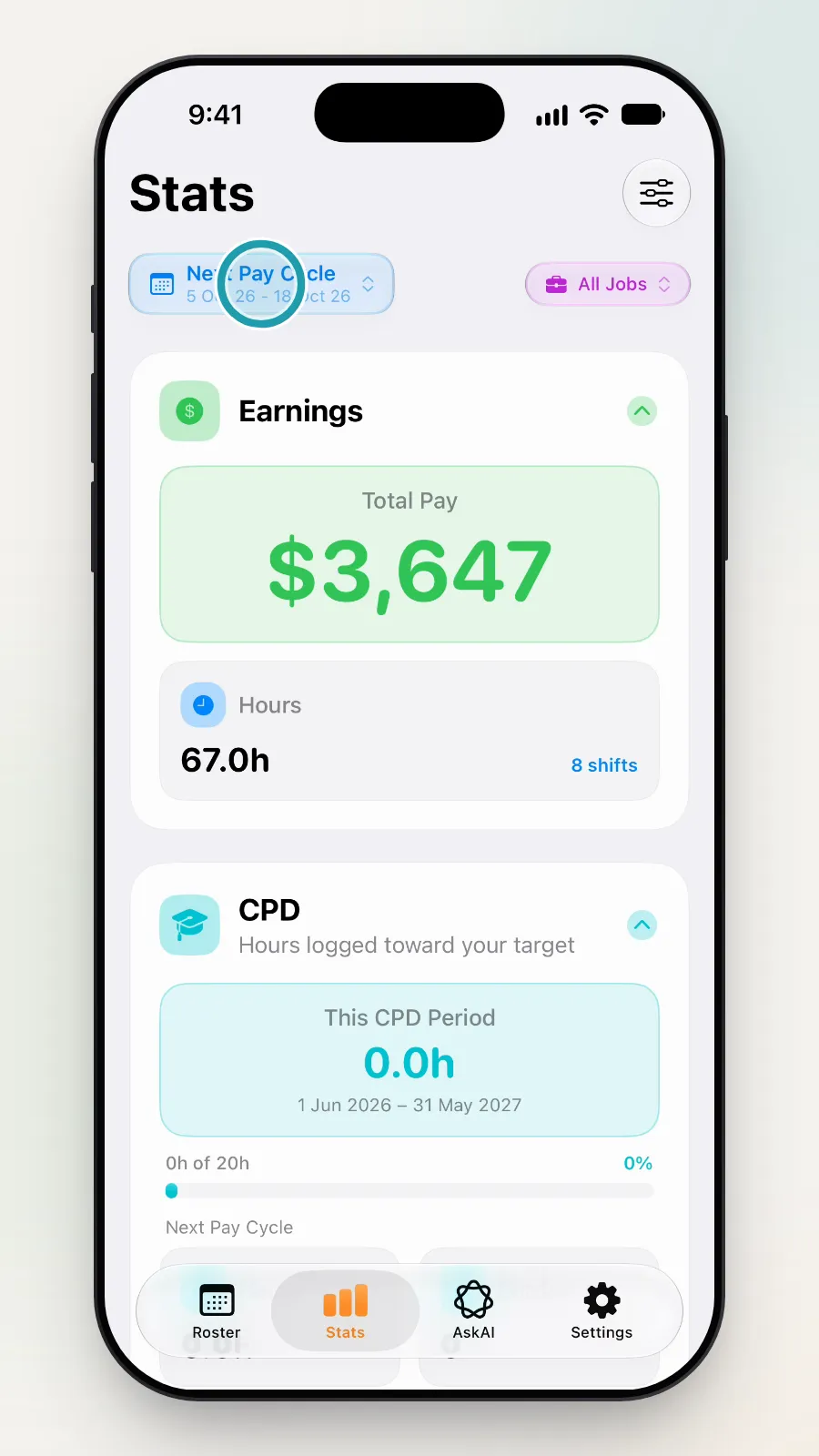 The Stats screen with the period button at the top left being tapped.