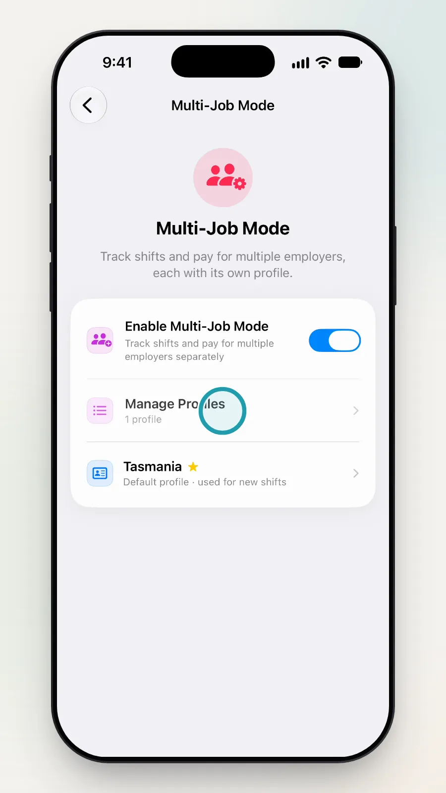 The Manage Profiles row being tapped.