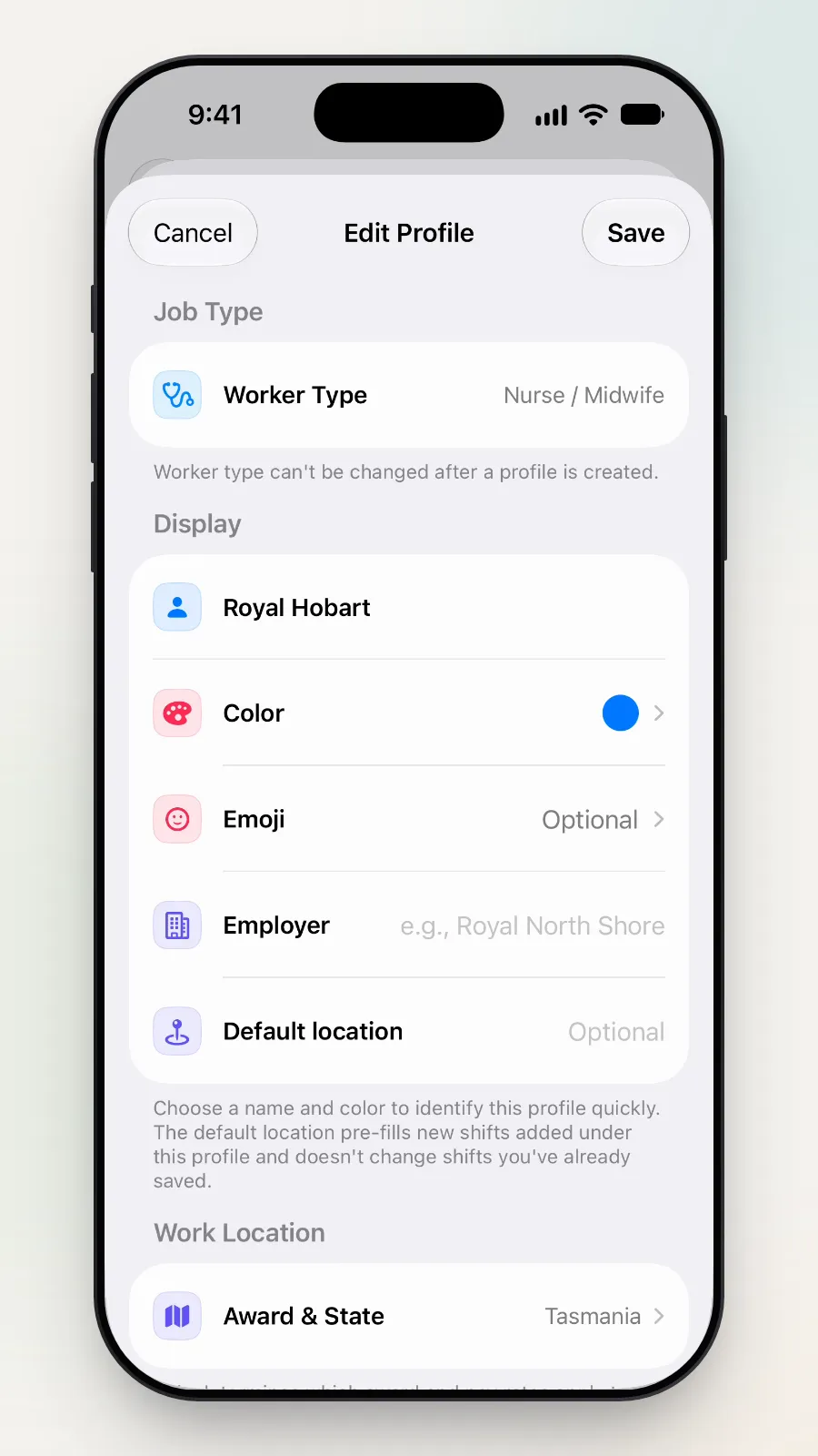 The Edit Profile screen for Royal Hobart: Worker Type Nurse / Midwife, Color, Emoji, Employer and Default location.