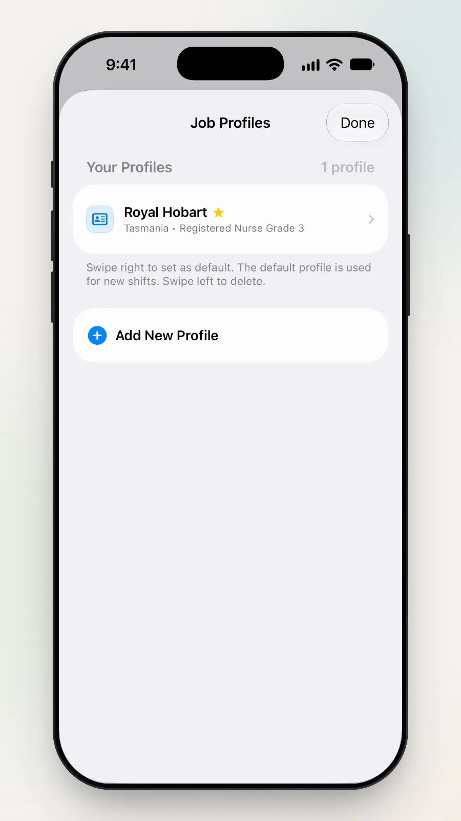 The Job Profiles list with Royal Hobart and the Add New Profile button.