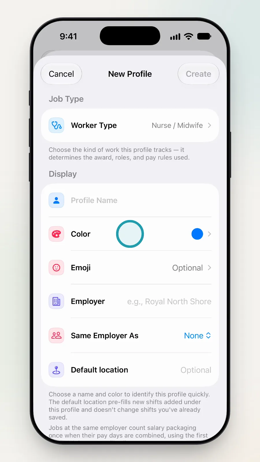 The Color row on the New Profile screen being tapped.