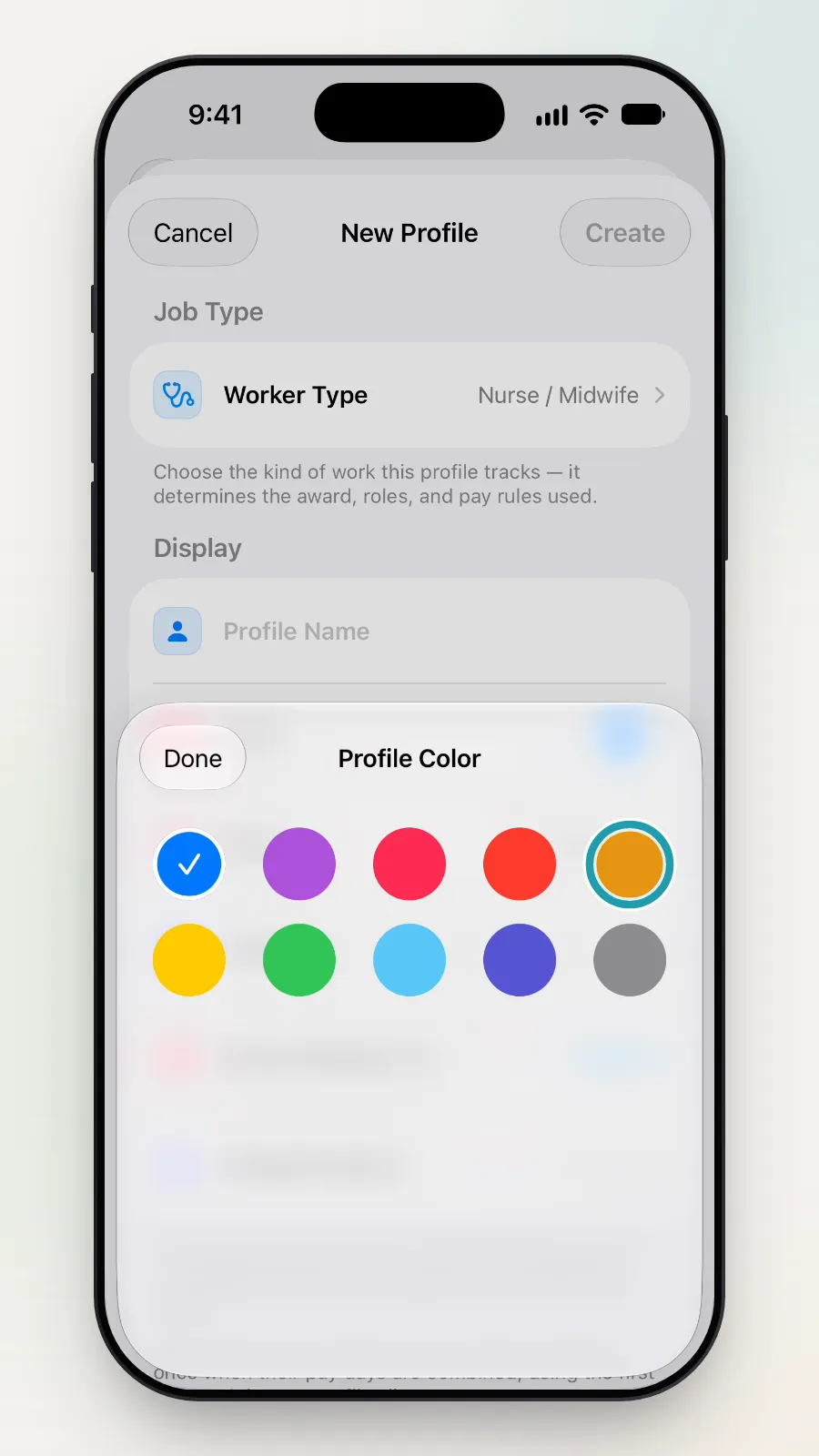 The Profile Color choices, with orange being tapped.