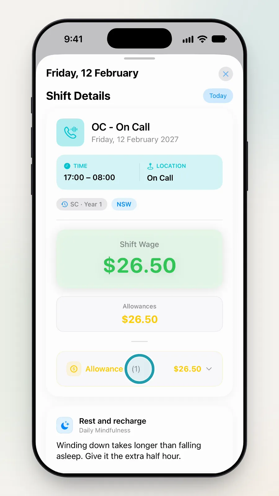 The Shift Details with the Allowances row being tapped.
