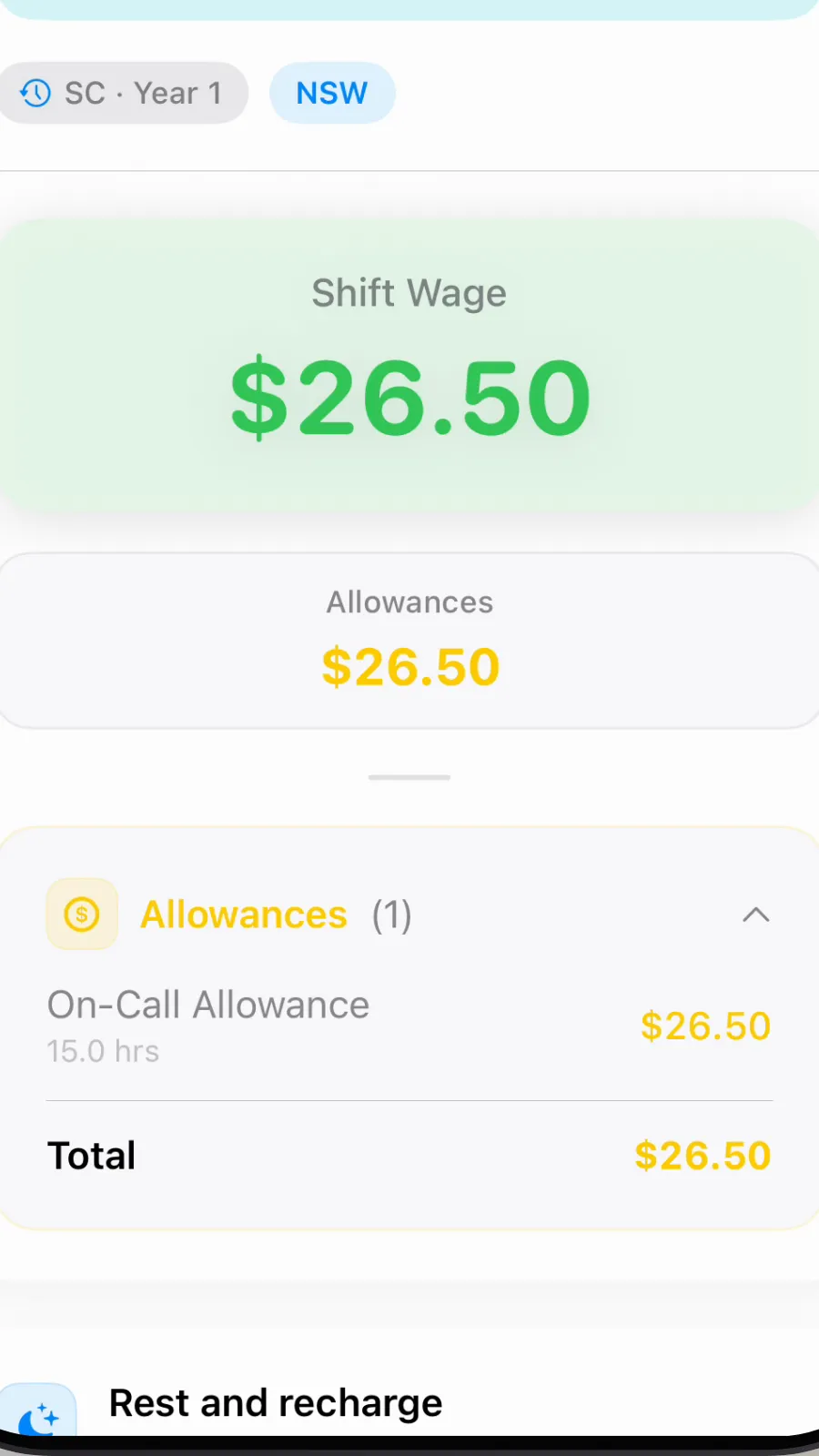 The Allowances list open, showing On-Call Allowance $26.50.