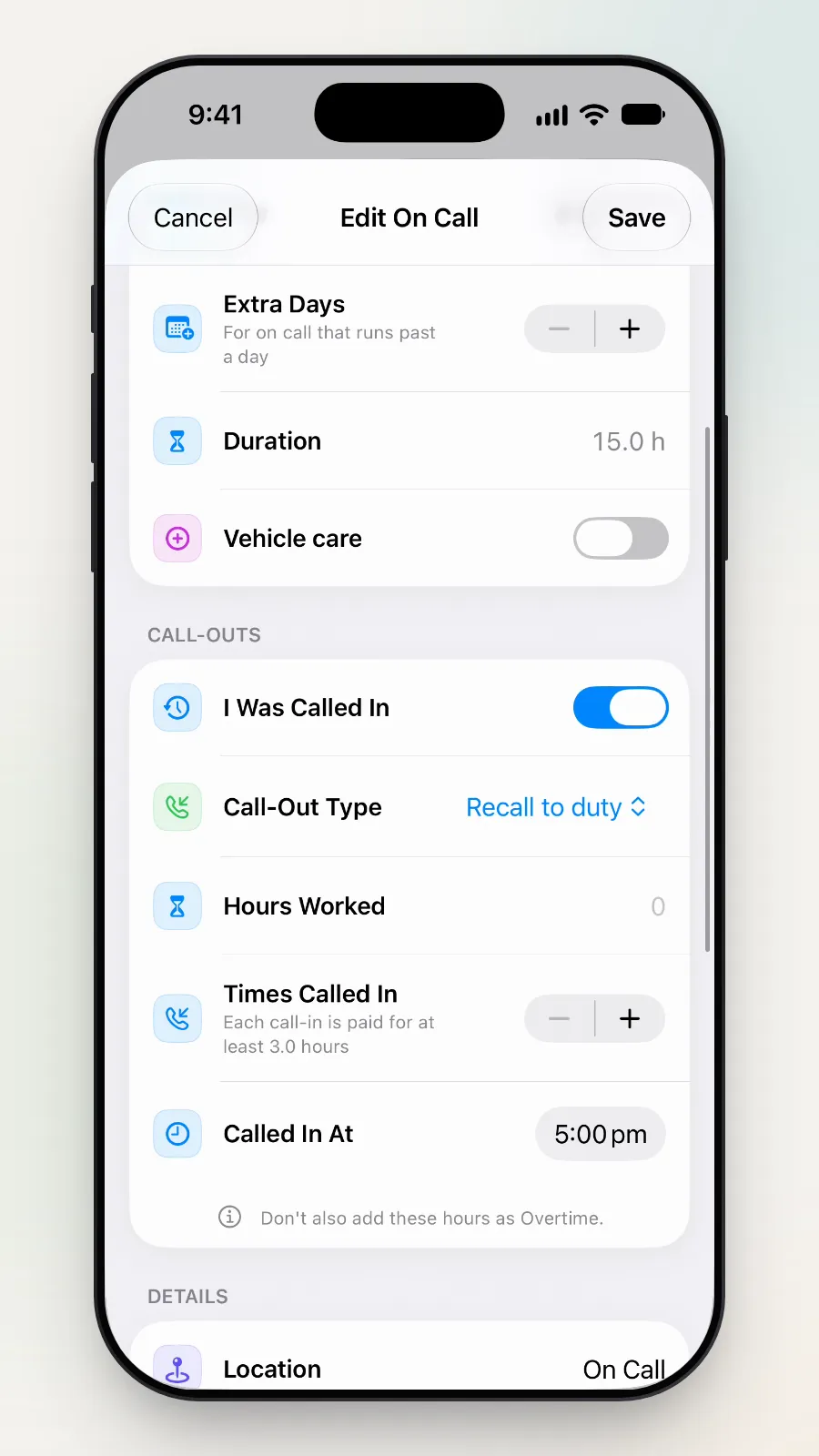 The Edit On Call screen scrolled down to the Call-Outs section.