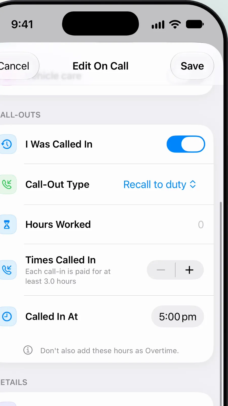 Close-up of the Call-Out Type row showing Recall to duty.