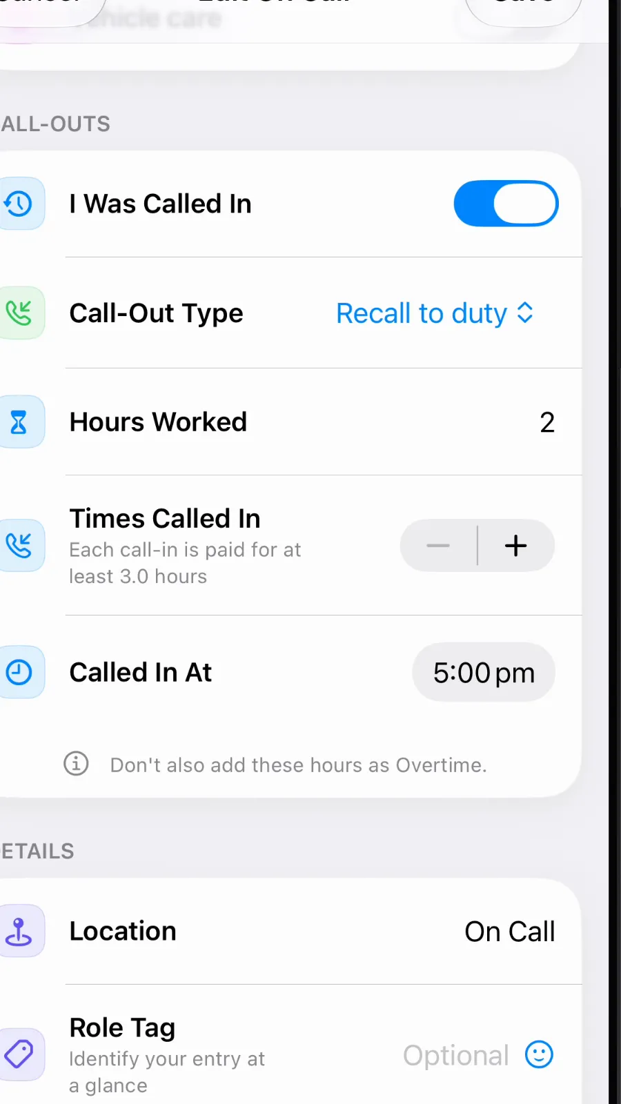 Close-up of Times Called In, which says each call-in is paid for at least 3.0 hours.