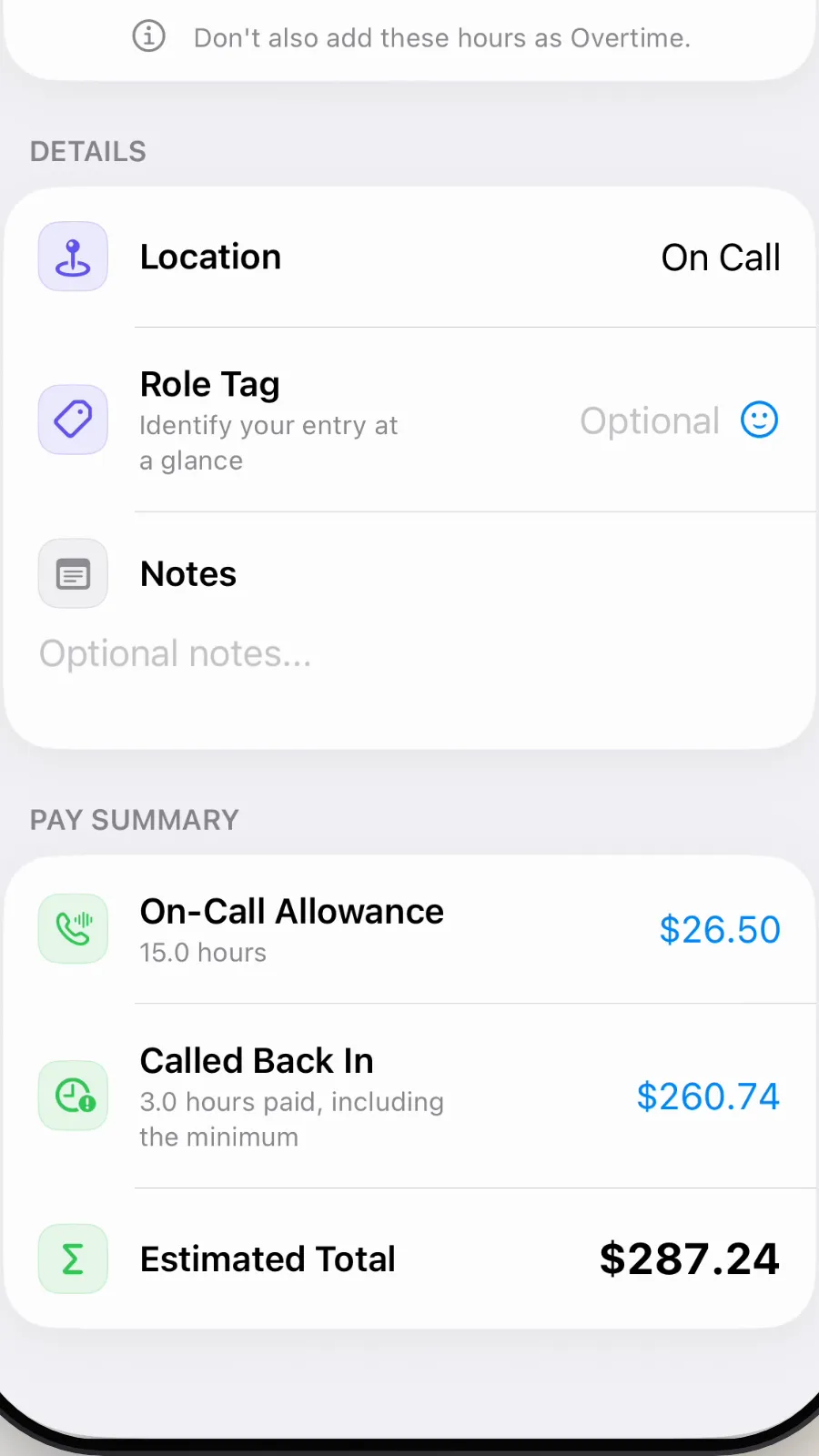 Close-up of Called Back In: $260.74 for 3.0 hours paid, including the minimum.