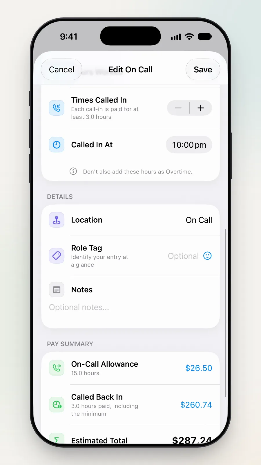 The Edit On Call screen scrolled down to the Pay Summary.