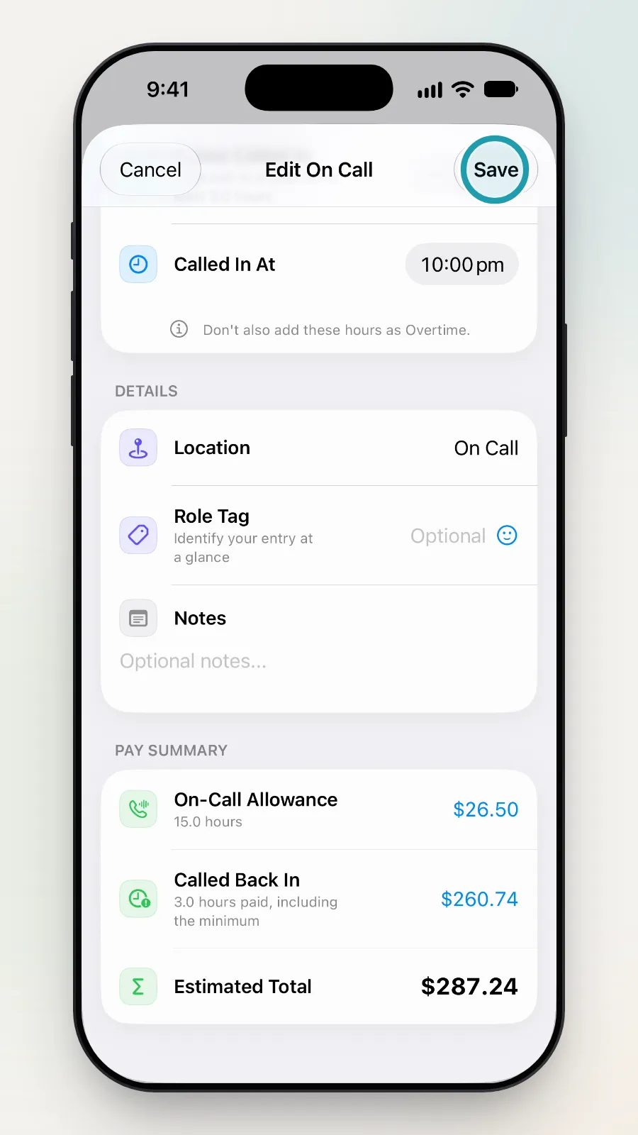 The Save button at the top right of Edit On Call being tapped.