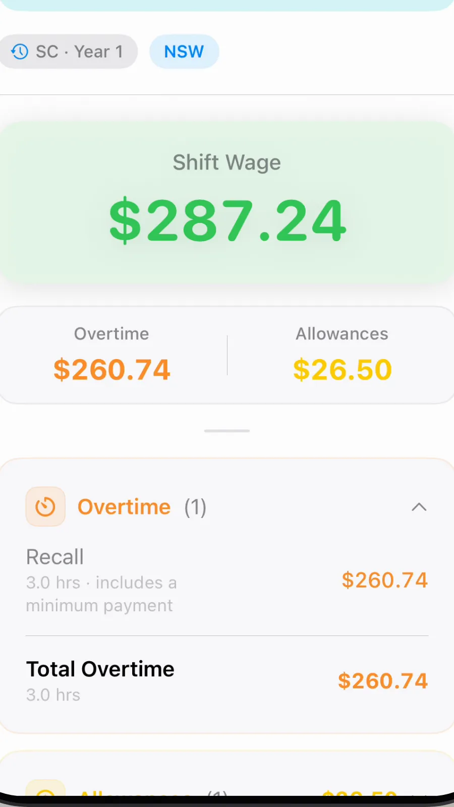 Close-up of Overtime: Recall, 3.0 hours, includes a minimum payment, $260.74.