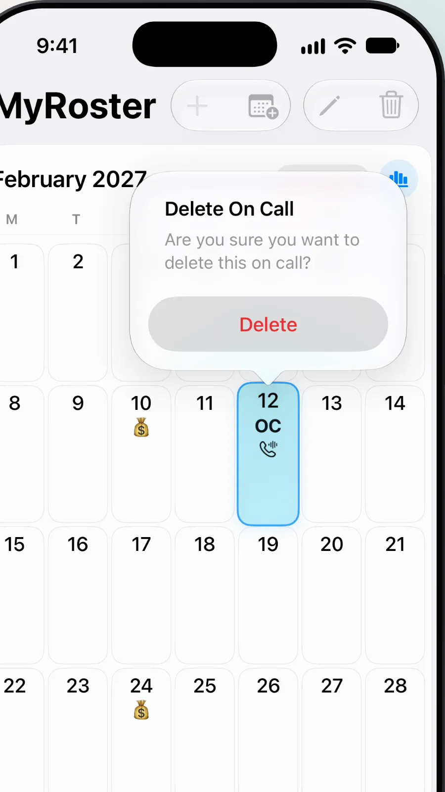 Close-up of the Delete On Call box asking to delete this on call.