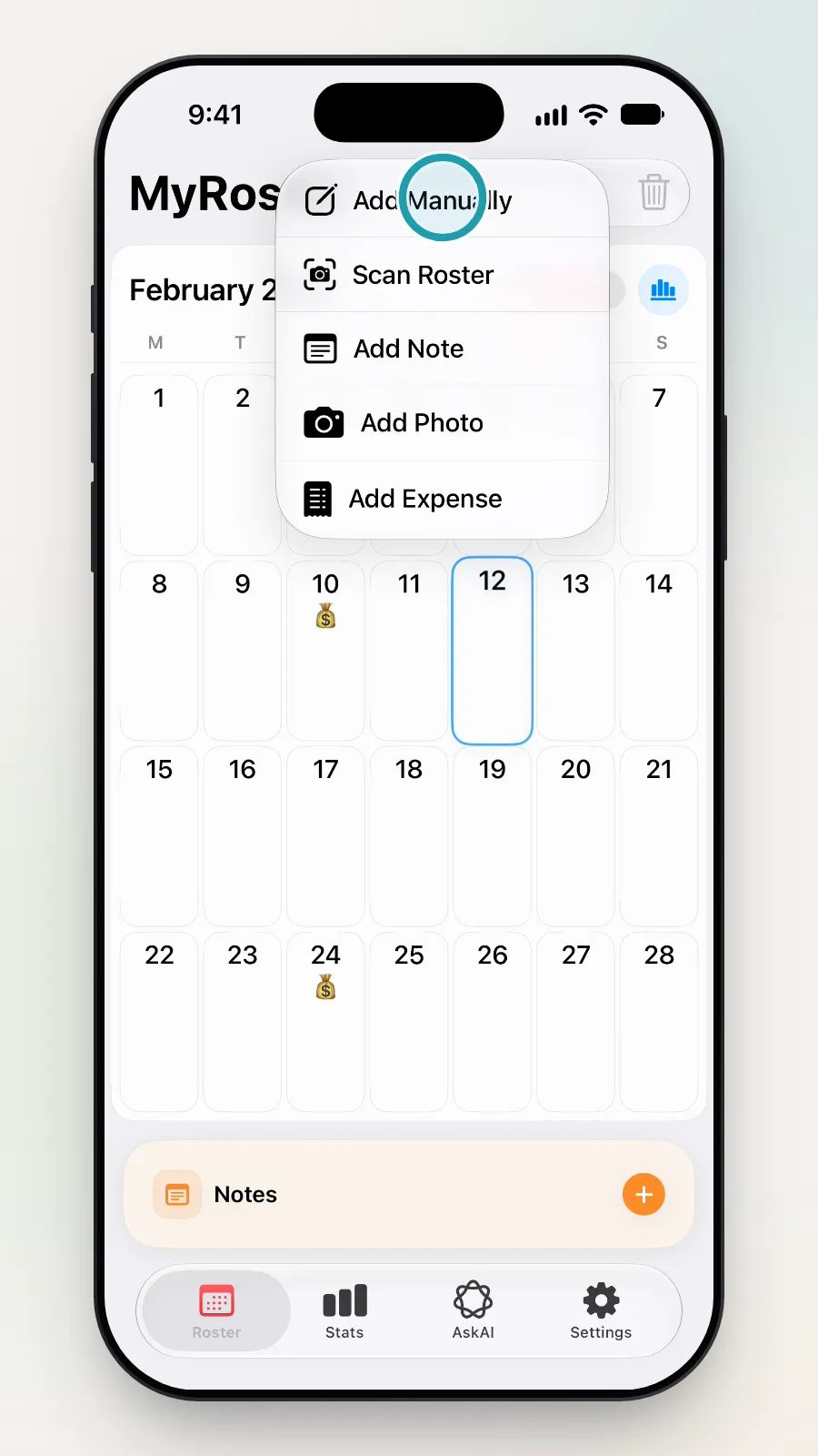 The add menu open, with Add Manually at the top being tapped.