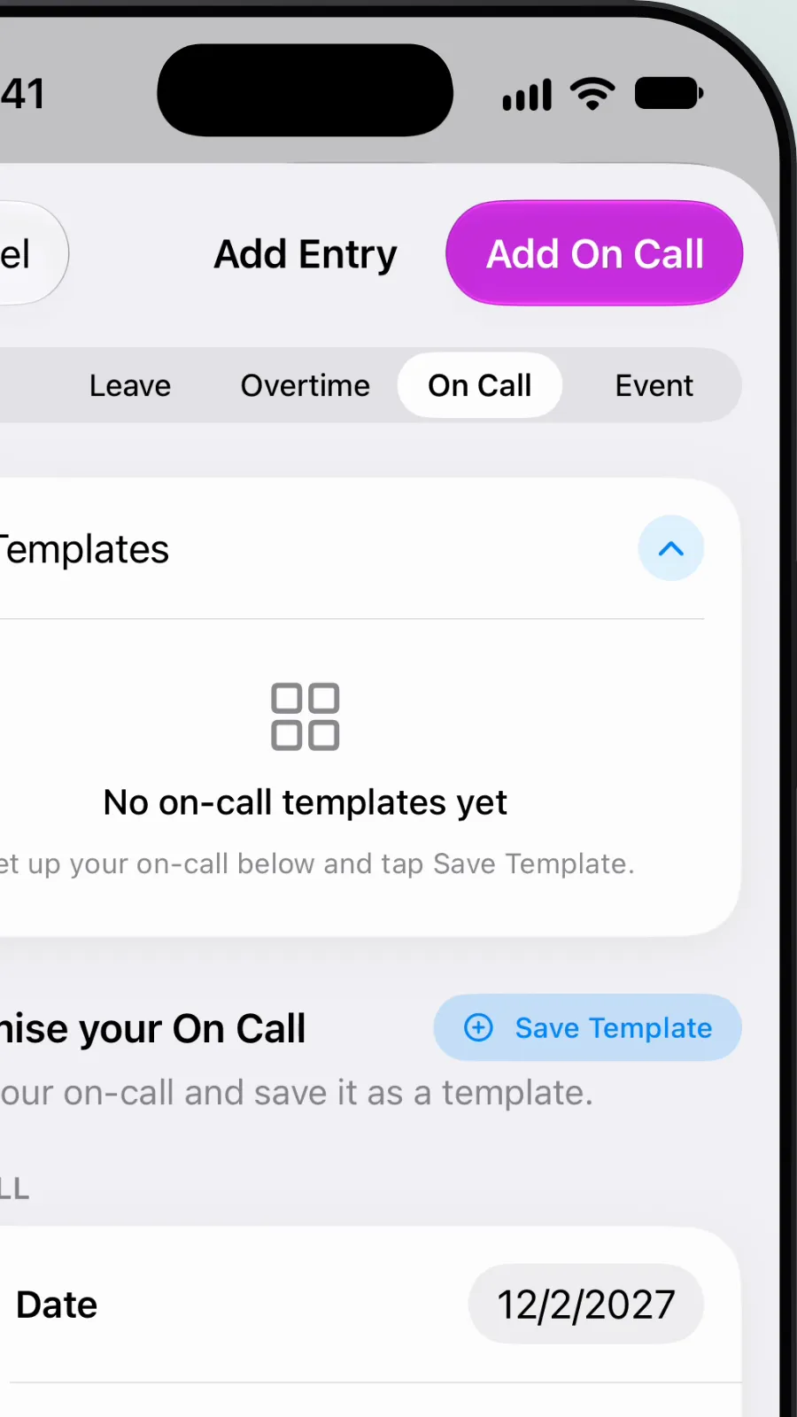 Close-up of the purple Add On Call button at the top right.