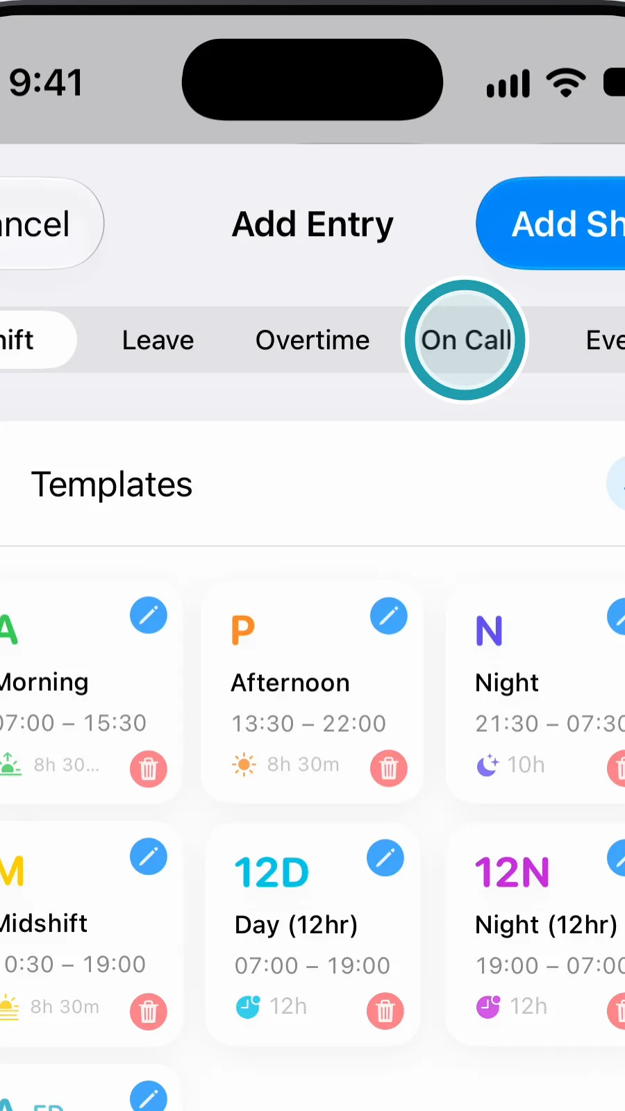 Close-up of the tabs at the top of Add Entry, with the On Call tab being tapped.