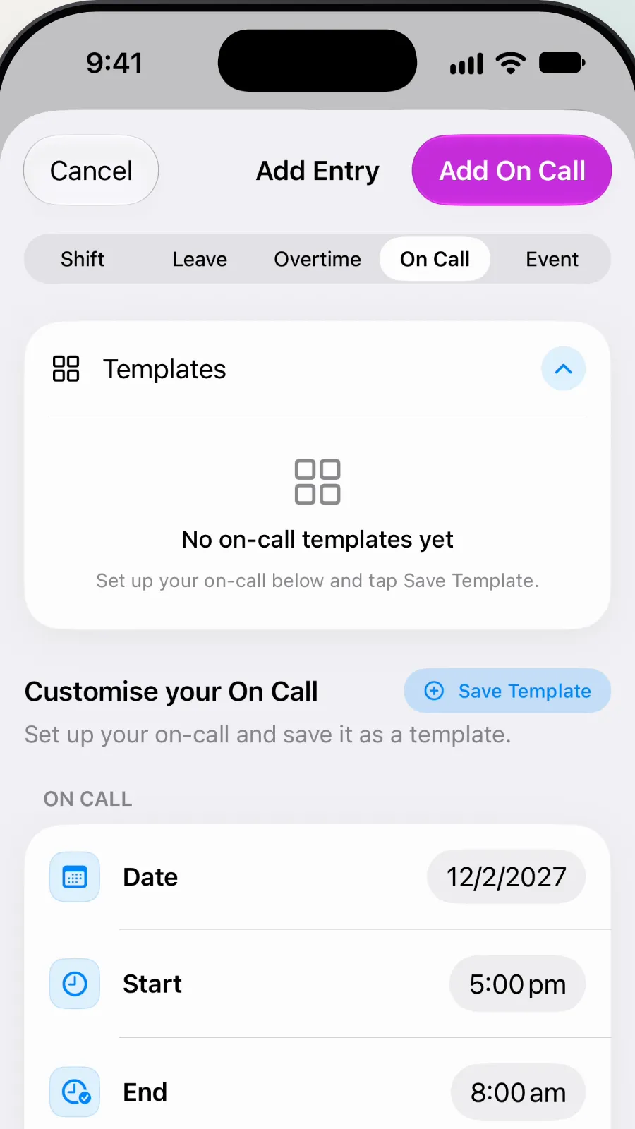 The On Call tab's Templates card, showing No on-call templates yet.