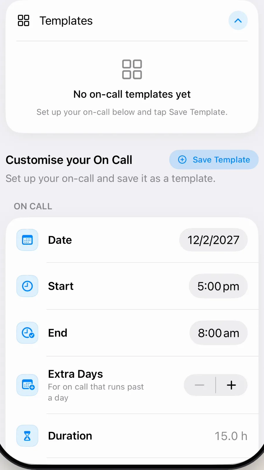 The Start and End times on the On Call form.