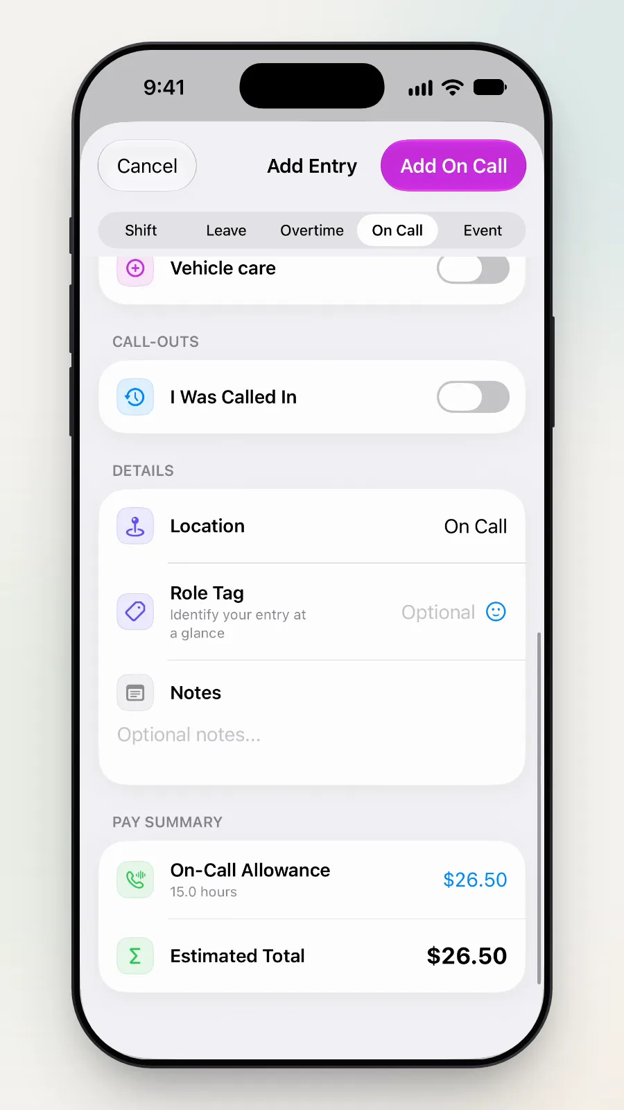 The bottom of the form: Details with Location On Call, Role Tag and Notes.