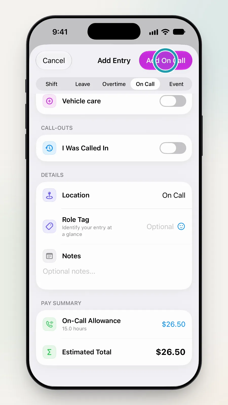 The Add On Call button at the top right being tapped.