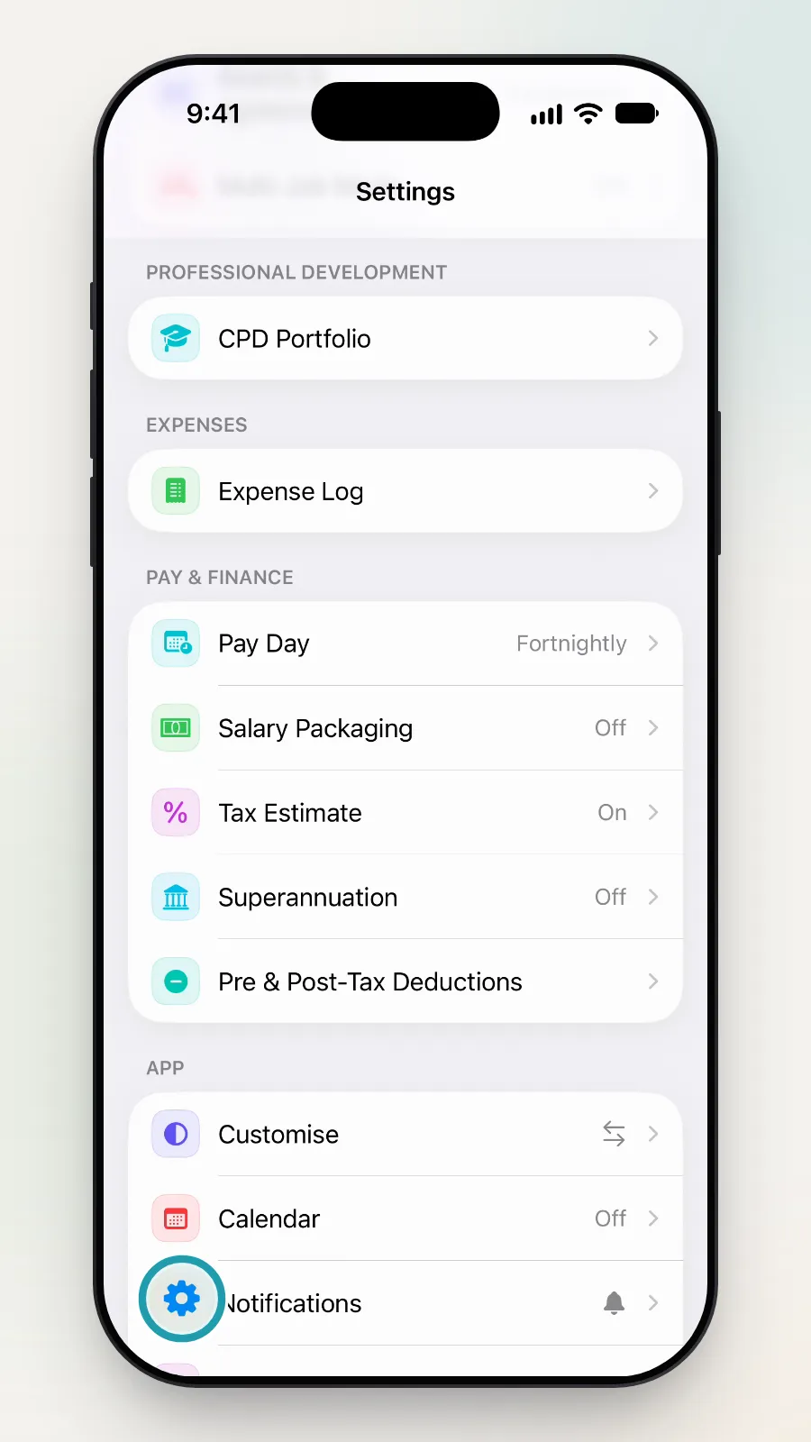 The round button at the bottom left of the Settings screen being tapped to show the tabs.