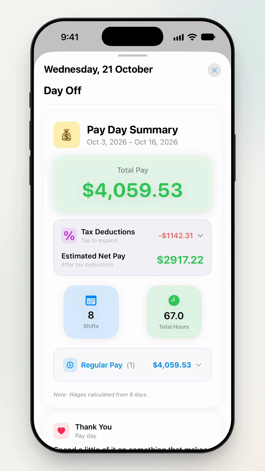 The full Pay Day Summary for 3 to 16 October: Total Pay $4,059.53 and a closed Tax Deductions card.