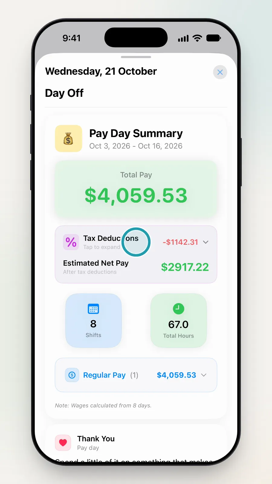 The Tax Deductions card in the Pay Day Summary being tapped.