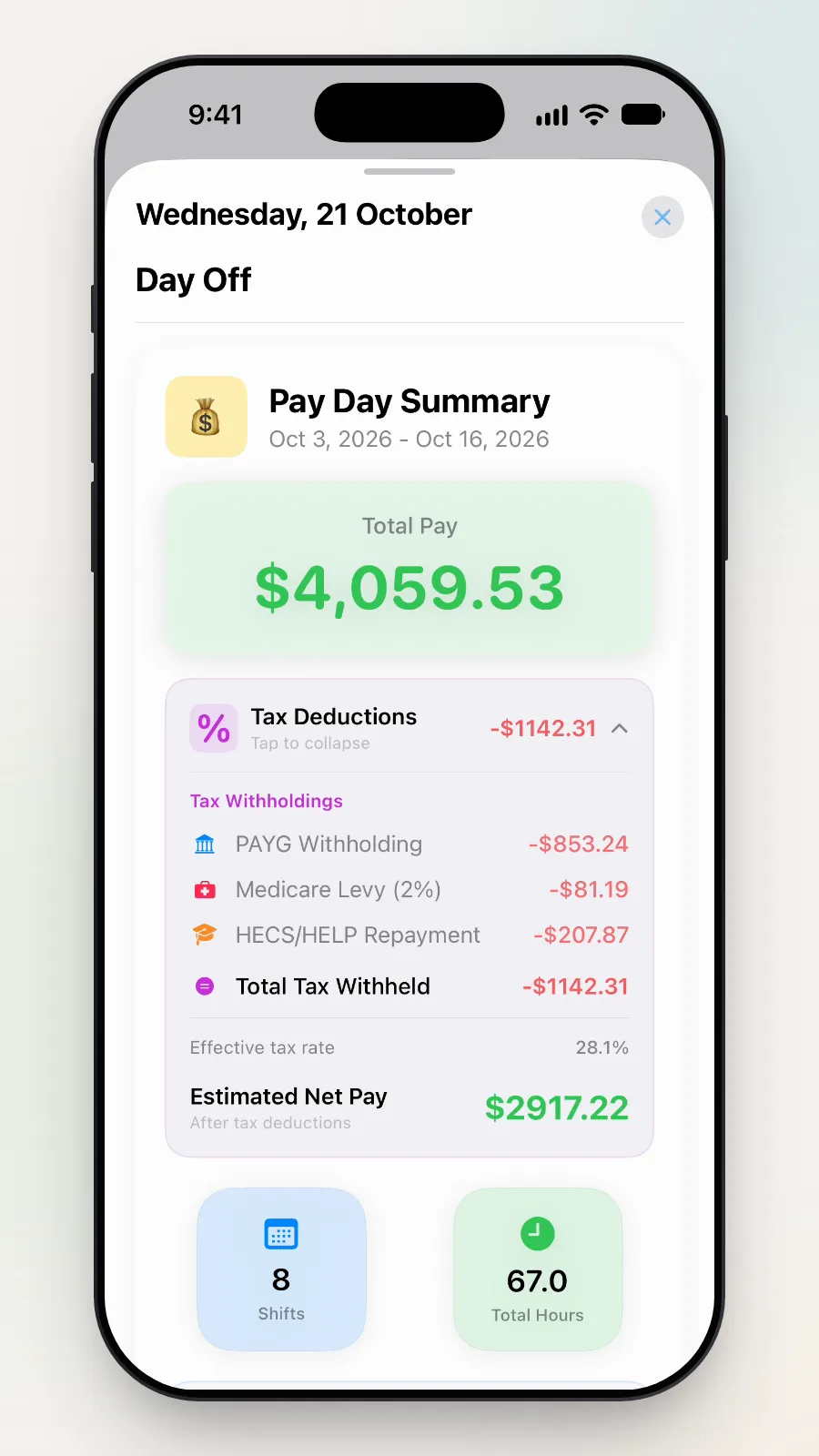 The open Tax Deductions card: PAYG Withholding $853.24, Medicare Levy (2%) $81.19, HECS/HELP Repayment $207.87 and Total Tax Withheld $1142.31.