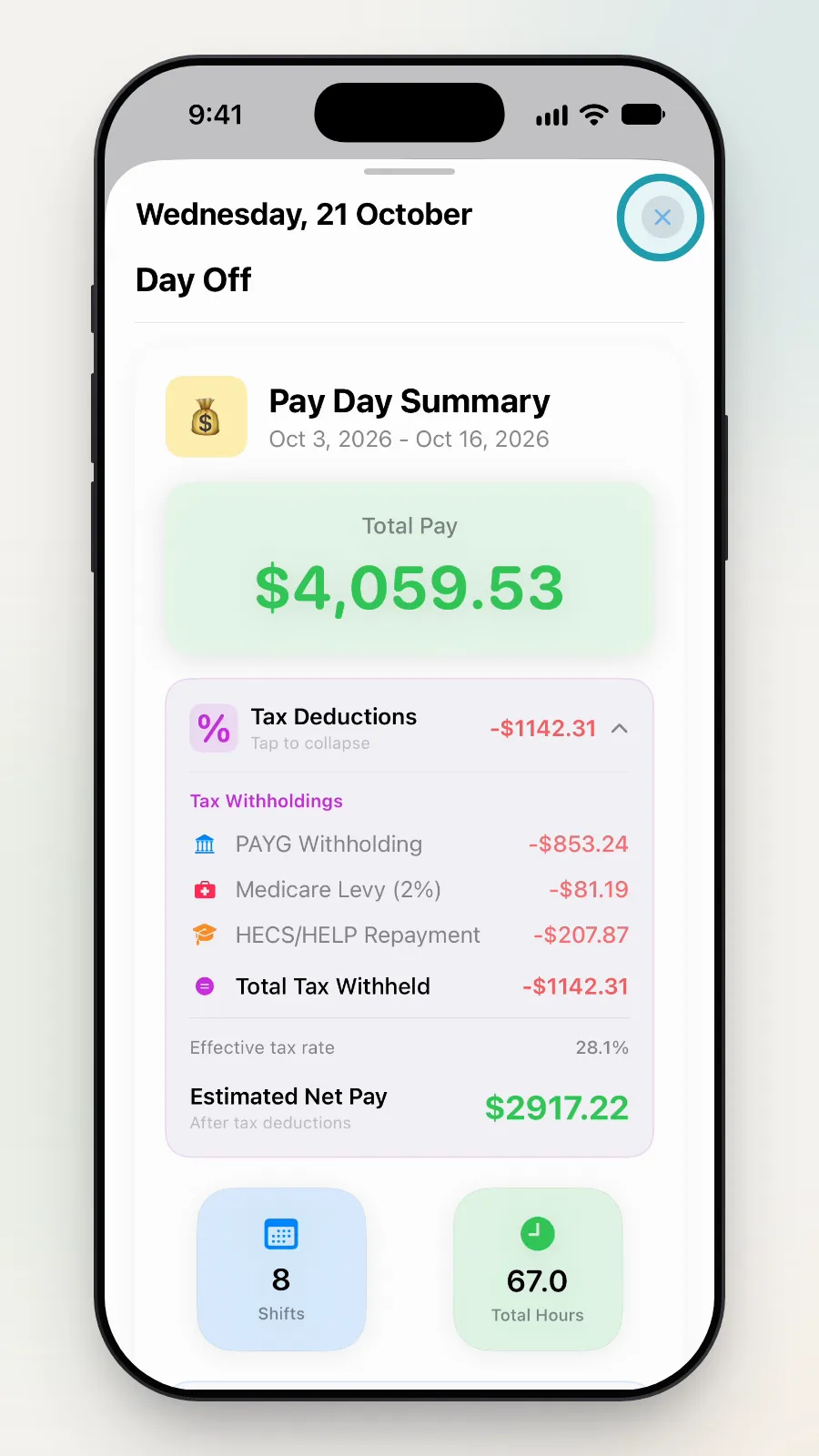 The X at the top right of the Pay Day Summary being tapped.