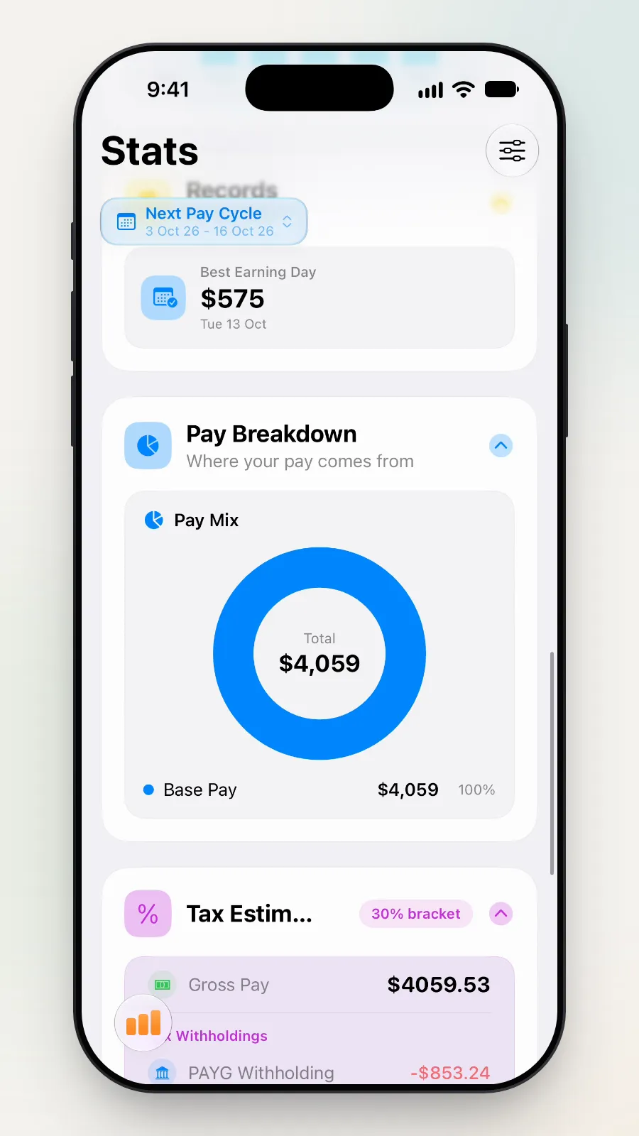 The Stats screen scrolling down towards the Tax Estimate card.