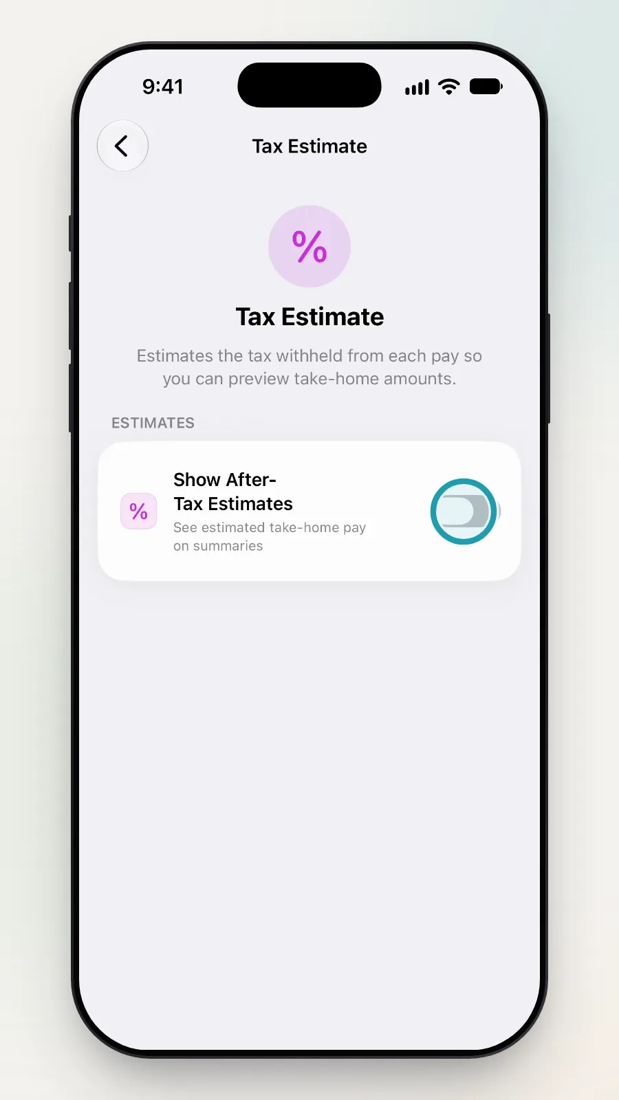The Tax Estimate screen with the Show After-Tax Estimates switch being turned on.