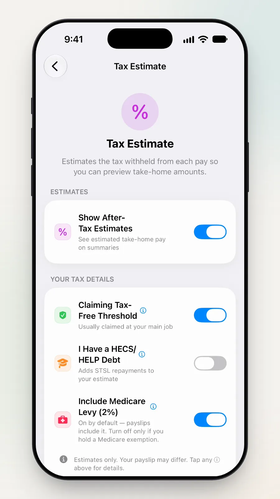 The Tax Estimate screen showing Your Tax Details, with I Have a HECS/HELP Debt switched off.