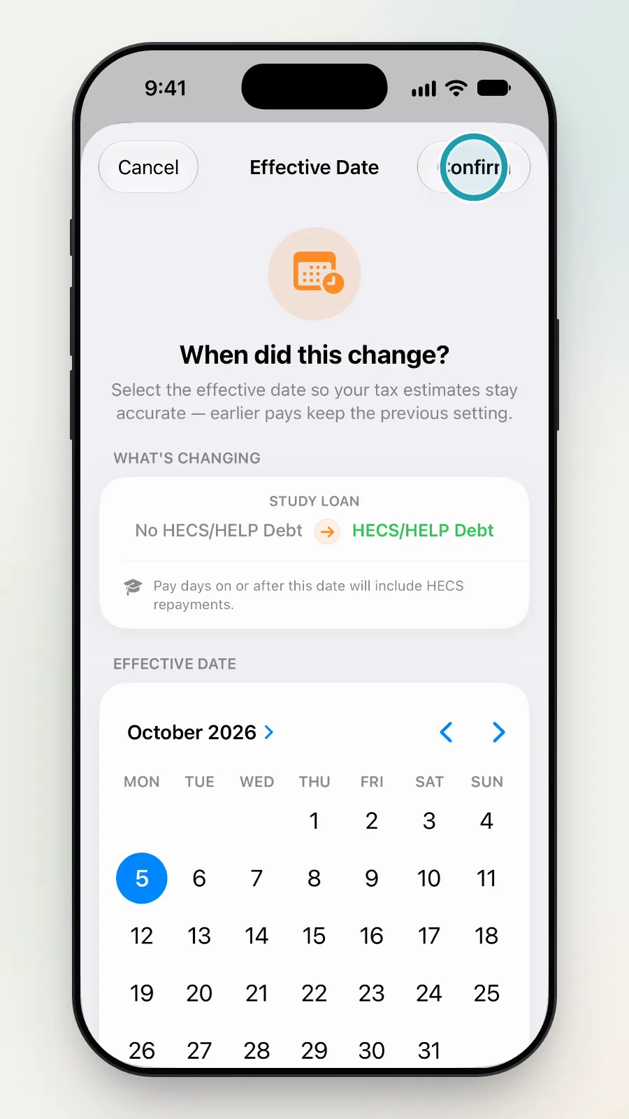 The Confirm button at the top right of the date screen being tapped.