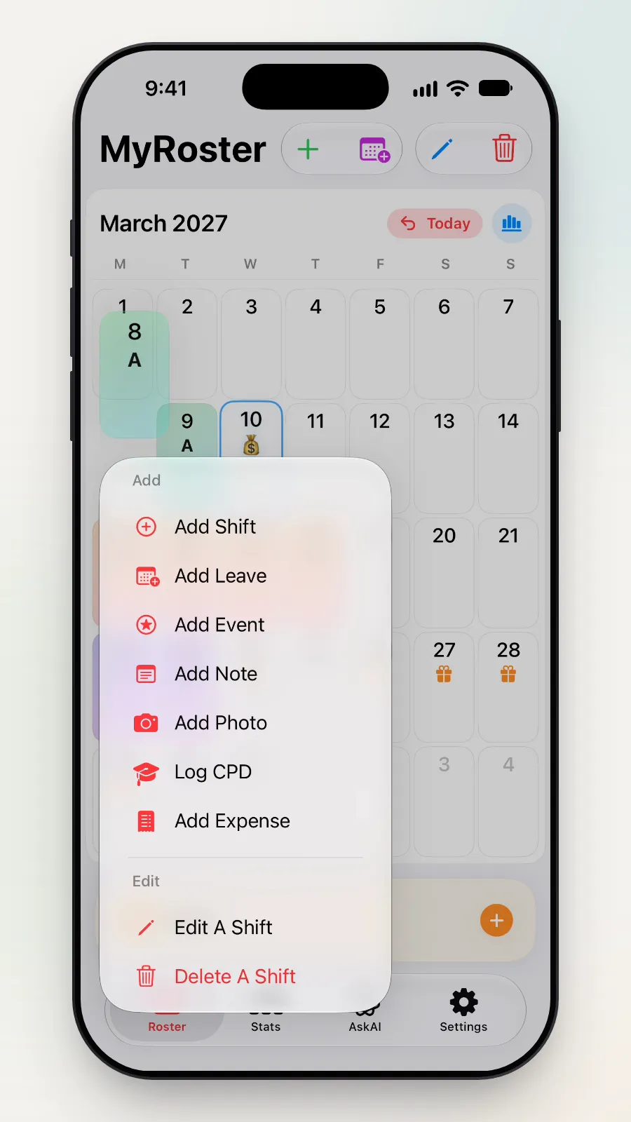 The menu that opens when you touch and hold a day: Add Shift, Add Leave, Add Event, Add Note, Add Photo, Log CPD, Add Expense, Edit A Shift and Delete A Shift.