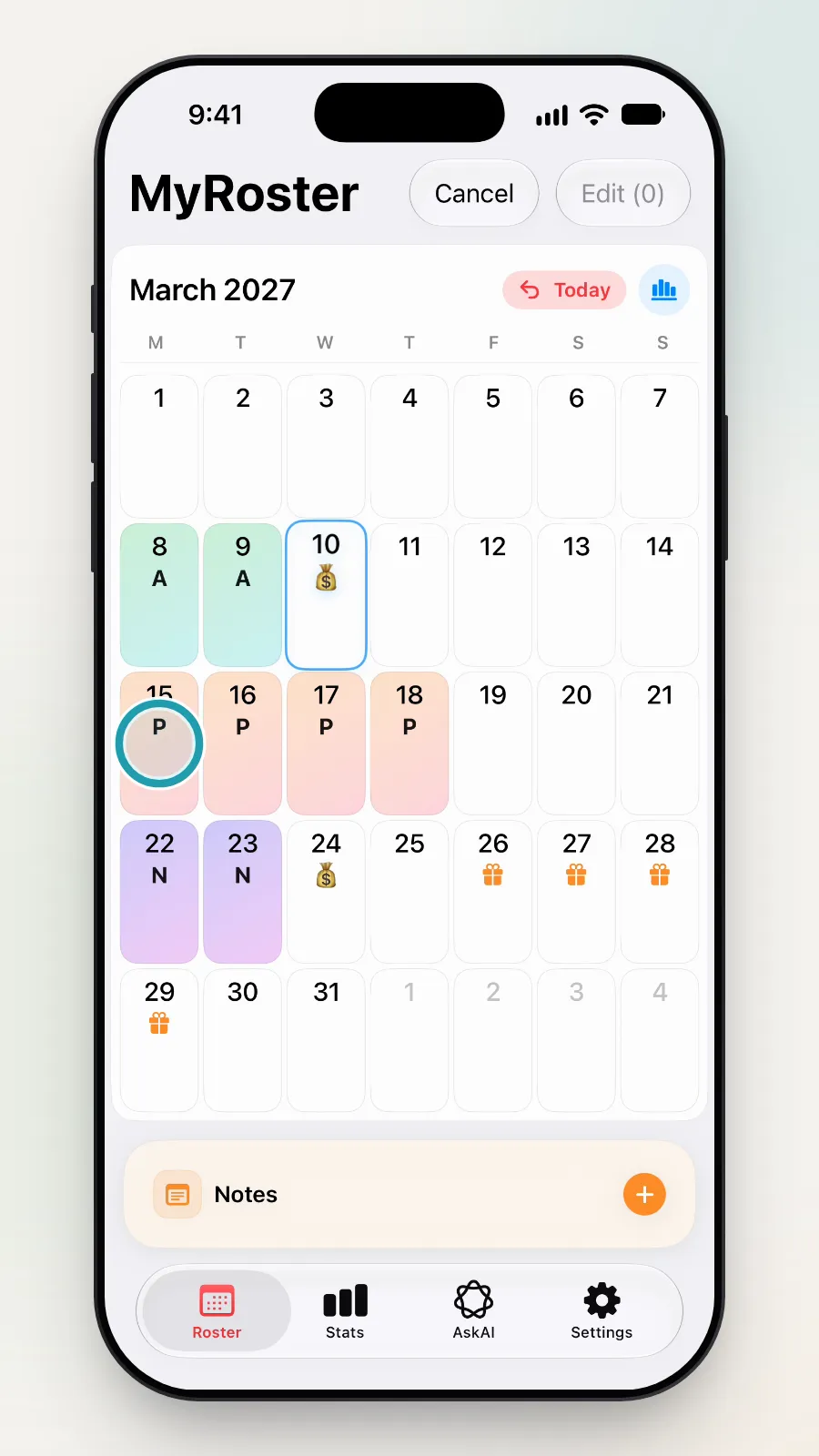Three P shifts on 15, 16 and 17 March picked with green ticks.
