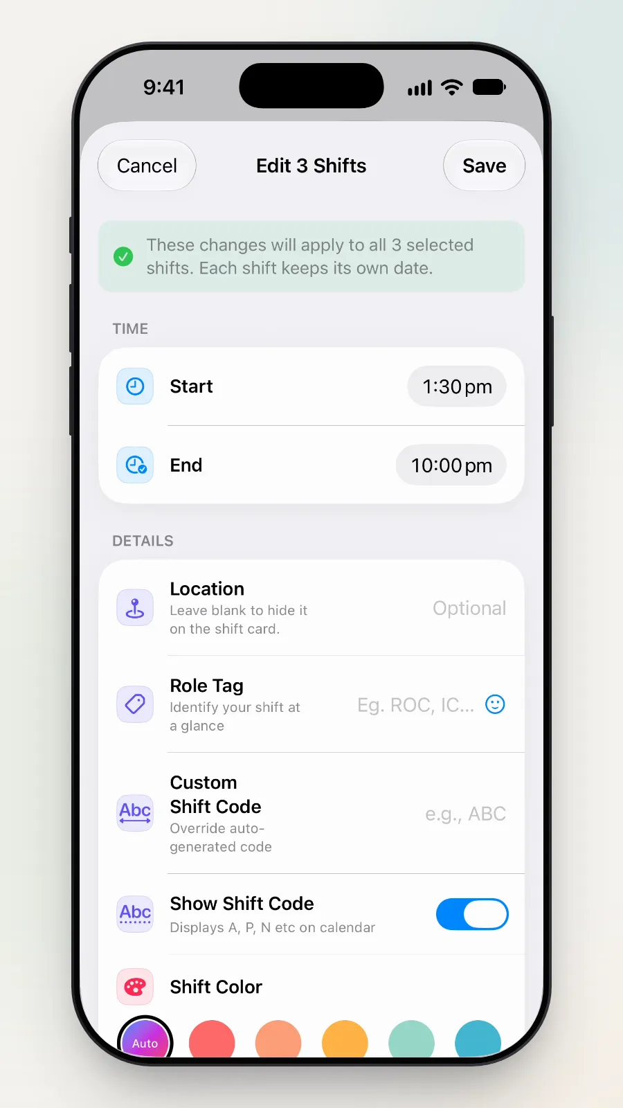The Edit 3 Shifts screen with its note: changes apply to all 3 selected shifts, and each shift keeps its own date.