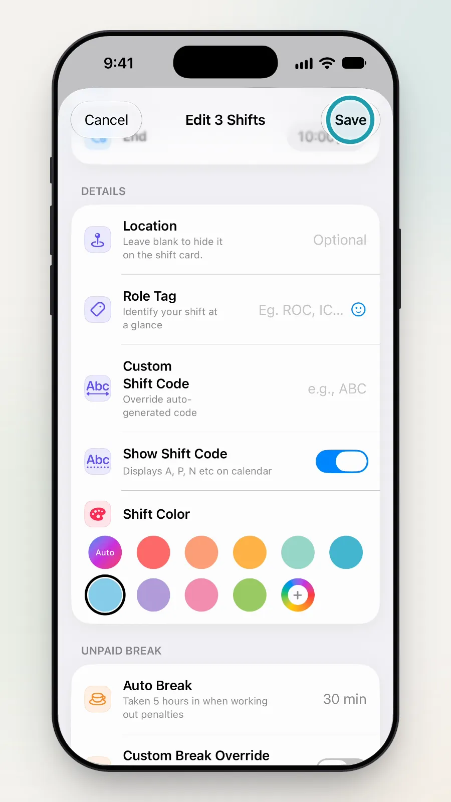 The Save button at the top right of Edit 3 Shifts being tapped.