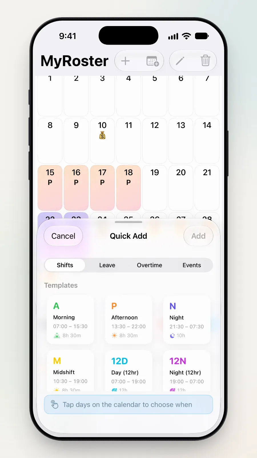 The Quick Add box with its Shifts, Leave, Overtime and Events tabs, Shifts picked.