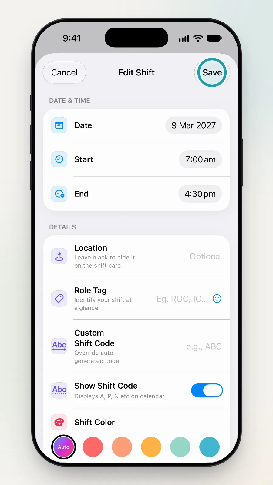 The Save button at the top right of Edit Shift being tapped.