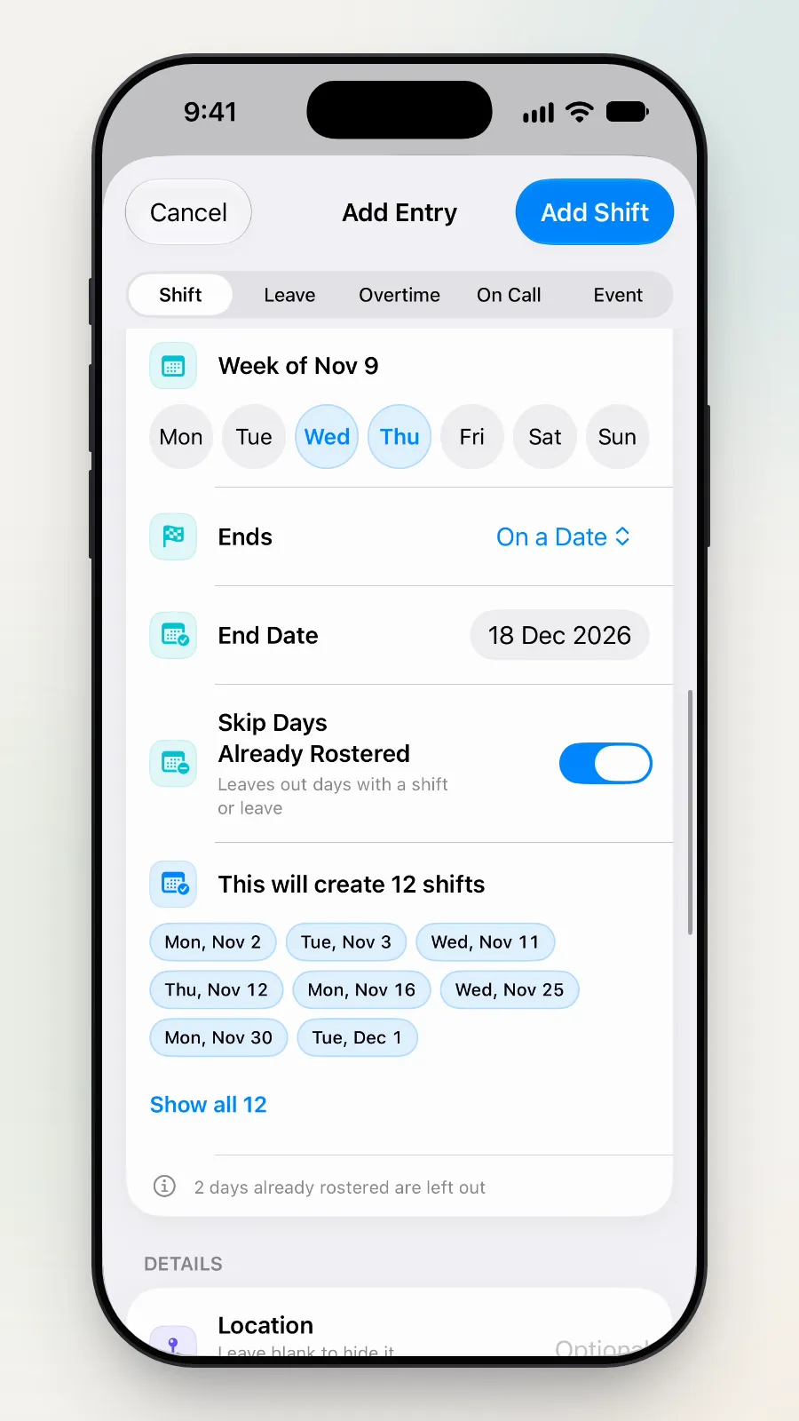 The Repeat section scrolled down, showing Ends, End Date 18 December and Skip Days Already Rostered.