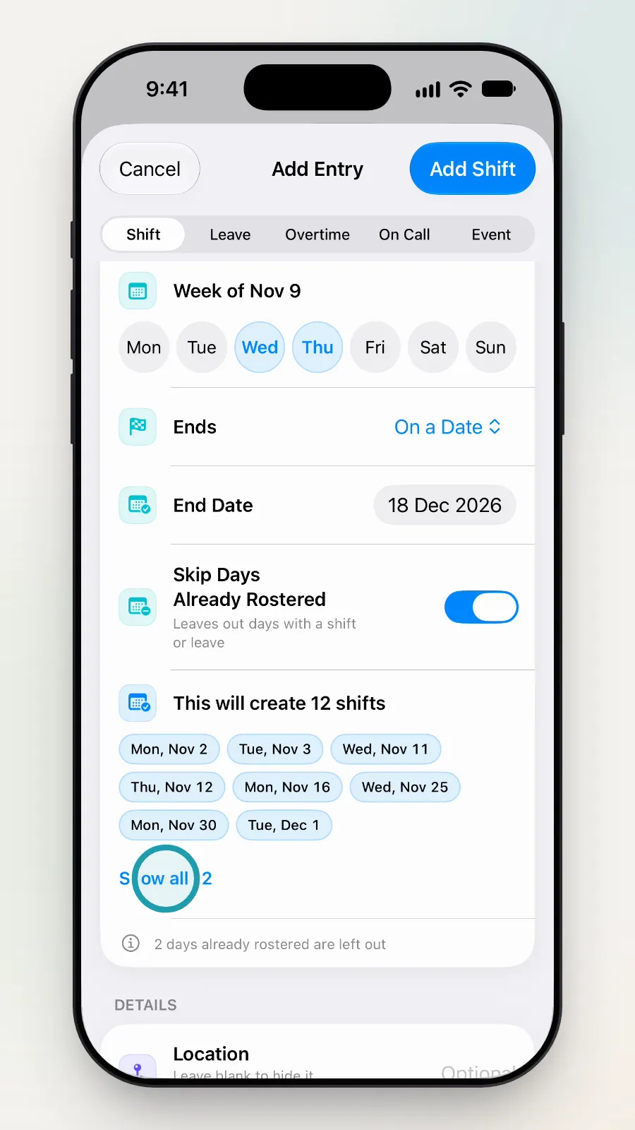 Show all 12 being tapped to list every date.