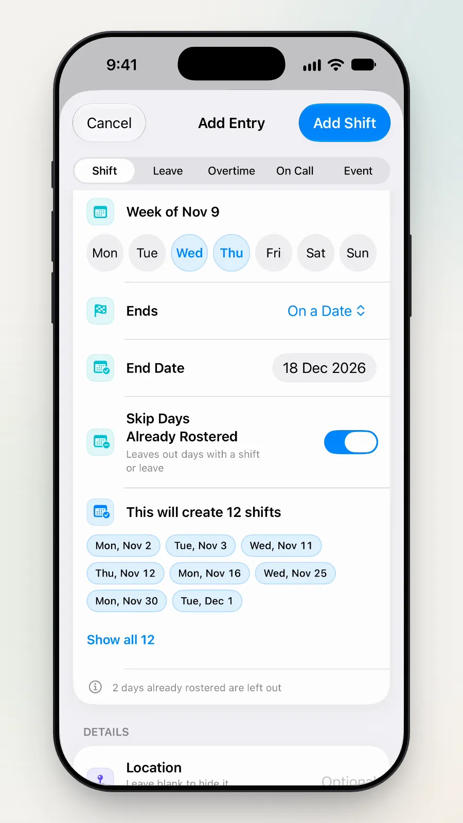 This will create 12 shifts, with the first dates listed.