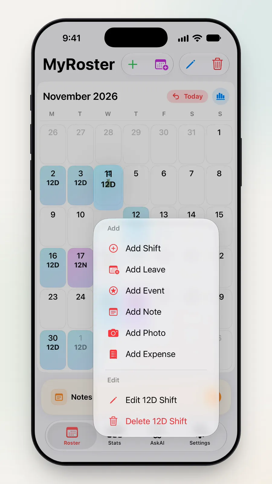 The menu that opens, with Delete 12D Shift at the bottom being tapped.