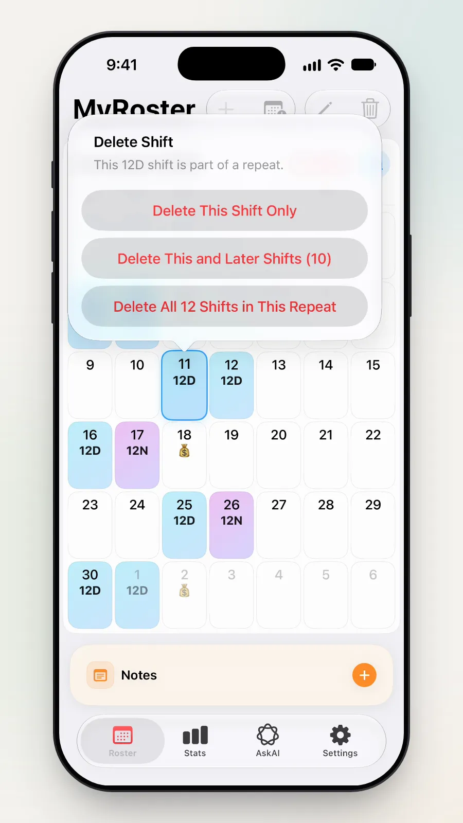 The Delete Shift box: This 12D shift is part of a repeat, with Delete This Shift Only, Delete This and Later Shifts (10) and Delete All 12 Shifts in This Repeat.