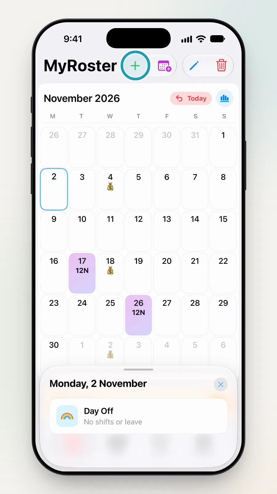 Monday 2 November selected, with the green plus button at the top being tapped.