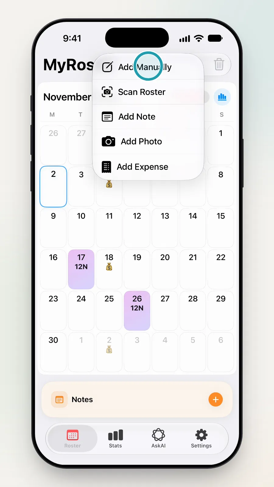 The add menu open, with Add Manually at the top being tapped.