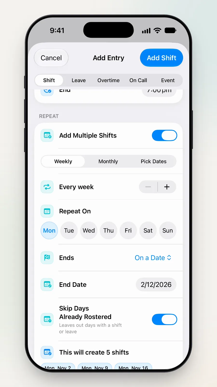 The Repeat options: Weekly, Monthly and Pick Dates, with Every week and Monday picked.